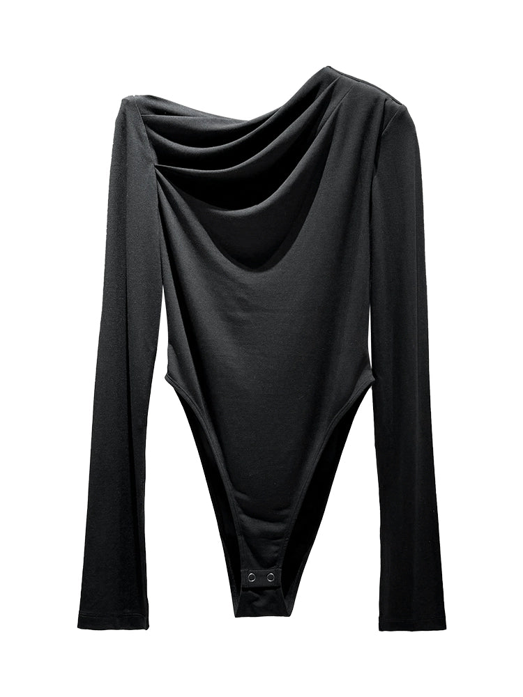 ANNAKIKI Black shoulder pleated slit long sleeve women bodysuit tops-REN