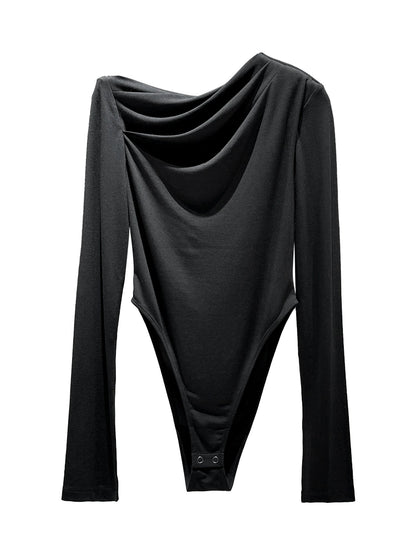 ANNAKIKI Black shoulder pleated slit long sleeve women bodysuit tops-REN