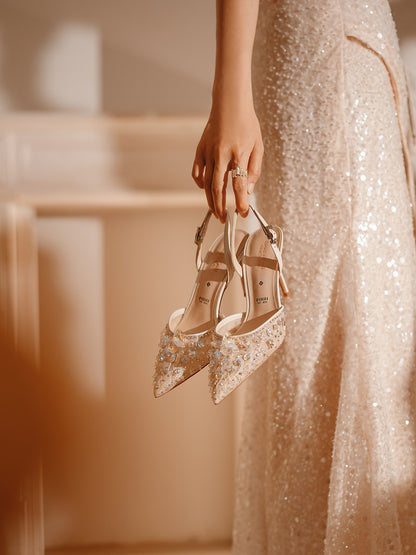 Pjjuu pointy toe formal Lace Rhinestone bridal wedding sling back stiletto heels  - AWEH