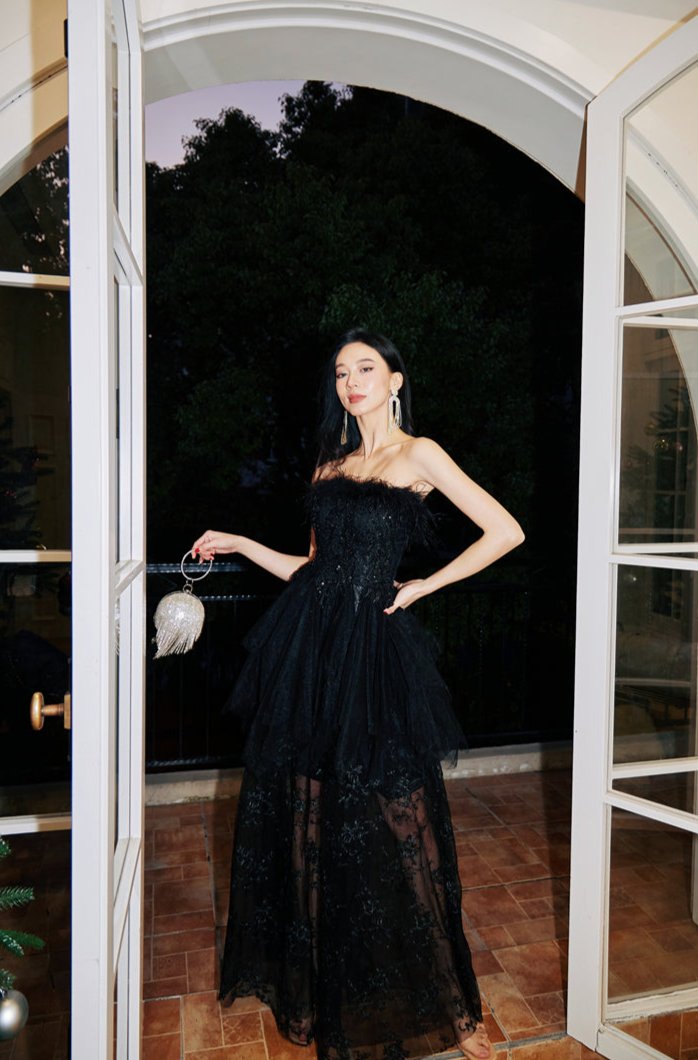 DOLLY Elegant Sleeveless Feather Tube Top Embroidery Long Tutu Dinner Dress-KYLIE