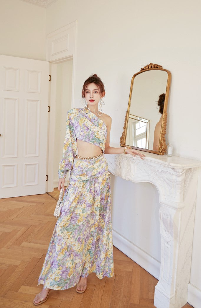 DOLLY Luxury French Style Floral One Sleeve Off Shoulder Waist Baring Slit Resort Dress-LYRA