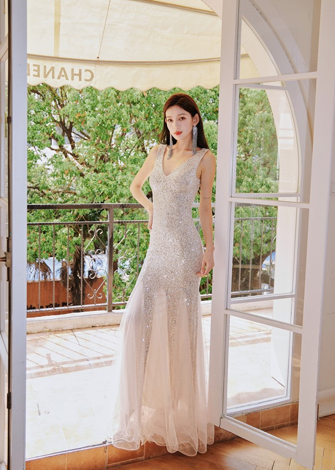 DOLLY Elegant Deep V-Neck Sleeveless Sequin Mesh Long Cocktail Dress-JUSTINA