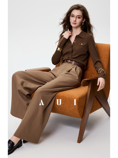 AUI  Polo Collar Long Sleeve Knit Sweater Top - PAKA