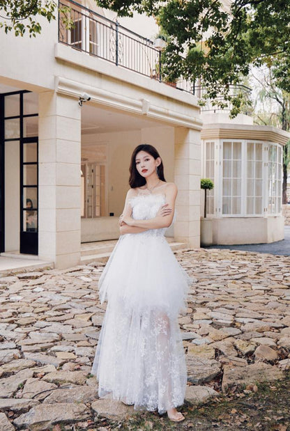 DOLLY Elegant Sleeveless Feather Tube Top Embroidery Long Tutu Dinner Dress-KYLIE