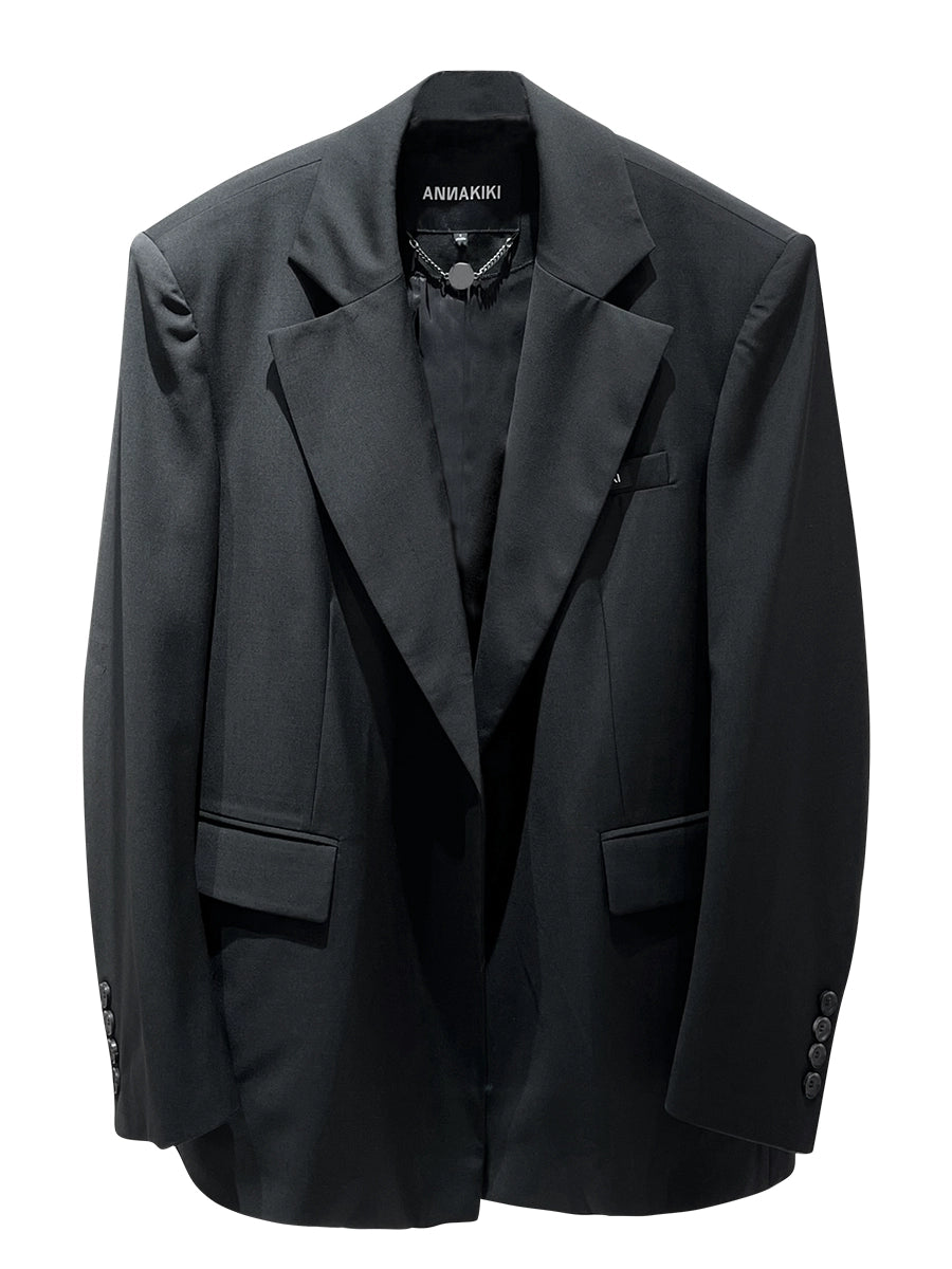 ANNAKIKI Niche Designer Black Wool Mottled Print Blazer Jacket-MATSUKI