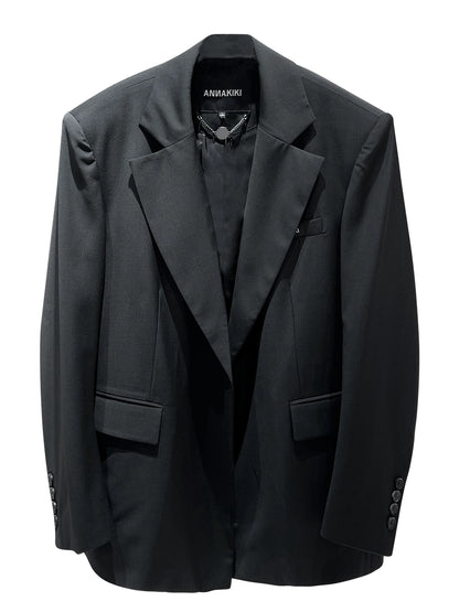 ANNAKIKI Niche Designer Black Wool Mottled Print Blazer Jacket-MATSUKI