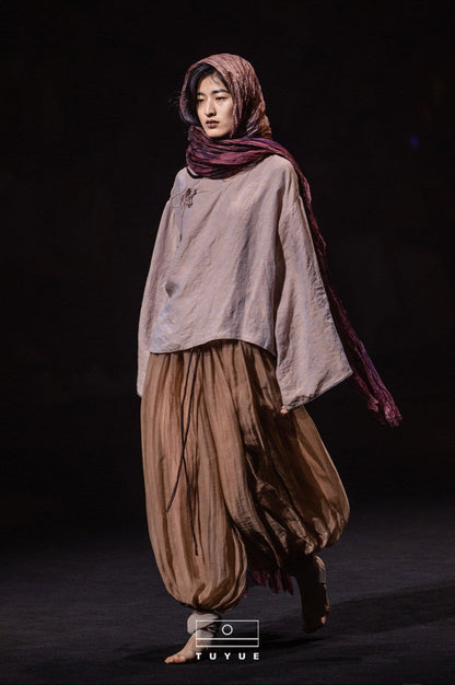 TUYUE Linen Hammer Slanted Loose Chinese Shirt - AMBER.