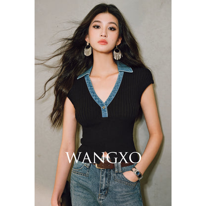 WANGXO | Soft Glutinous Knit & Contrasting High-Quality Denim V-Neck Slim Top -NIVA