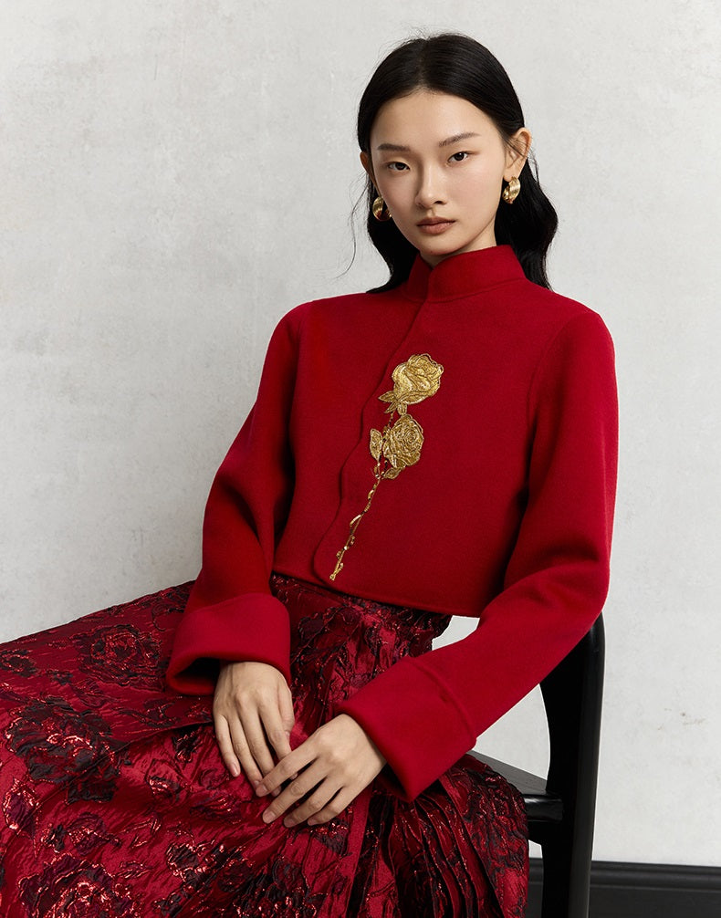 HECO 100% wool Embroidery Red black Short Double-Sided Tweed Jacket Women - out.