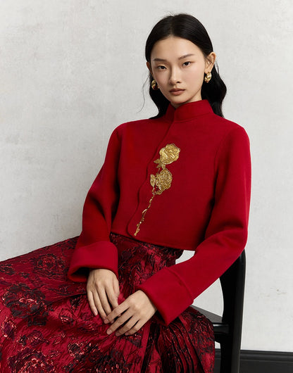 HECO 100% wool Embroidery Red black Short Double-Sided Tweed Jacket Women - out.