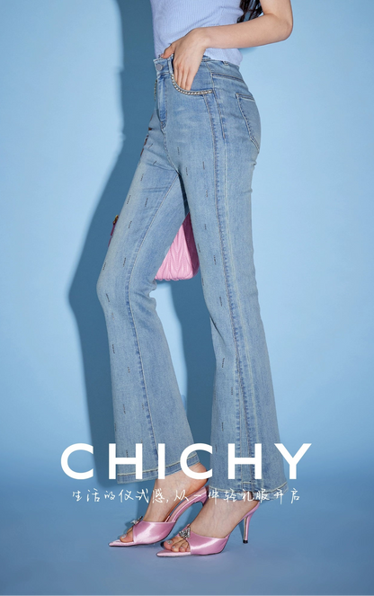 CHICHY chic bootcut high-waisted thin light blue long pants-SALLY