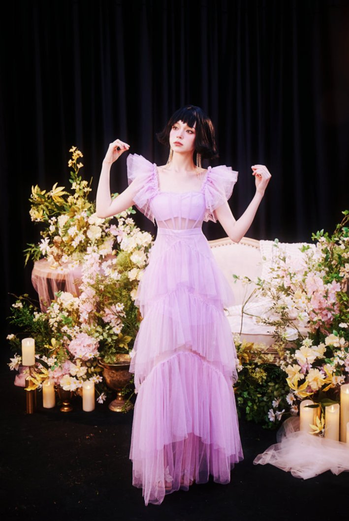 DOLLY High End Square Collar Short Ruffle Sleeves High Waist French Style Dress-MARIANA