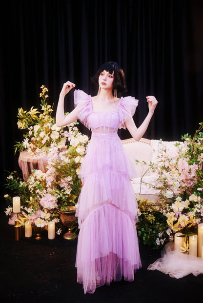 DOLLY High End Square Collar Short Ruffle Sleeves High Waist French Style Dress-MARIANA