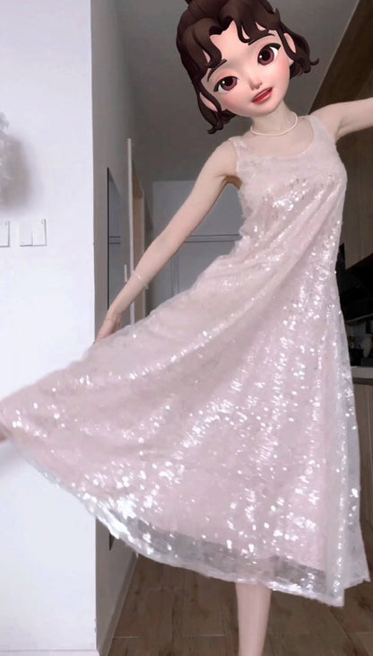 DOLLY Luxury U-Neck Sleeveless Fake Two Piece Midi Swing Dress-KASSIA