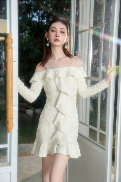 Wardrobes by Chen Elegant Beige Golden Strap Long Sleeve Ruffle Party Dress-TRUDY