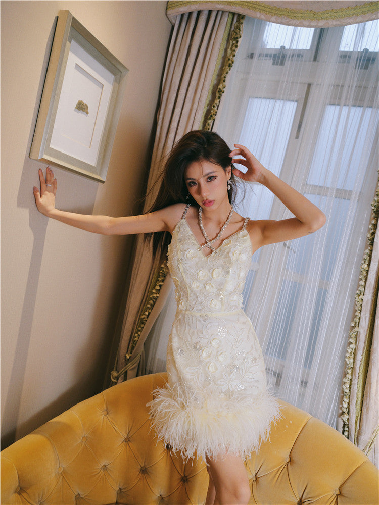Wardrobes by Chen Luxury V-Neck Sleeveless Floral Feather Short bridal Dress-Shife