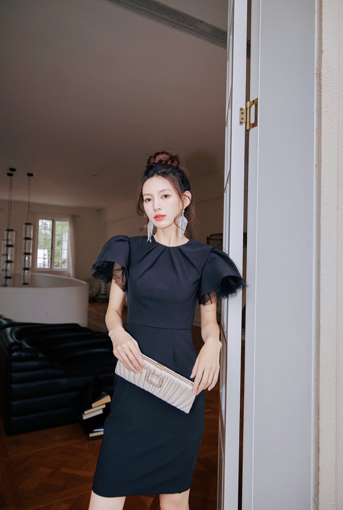 DOLLY Elegant Black Half Turtle Neck Short Puff Sleeve Midi Mesh Dinner Dress-AARTI