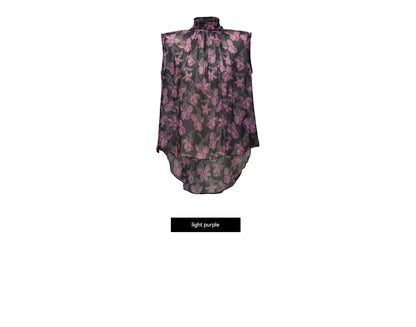 WANGXO | Stand Collar Shun Yu Wrinkled Print Sleeveless Ribbon Shirt -EVELINA.