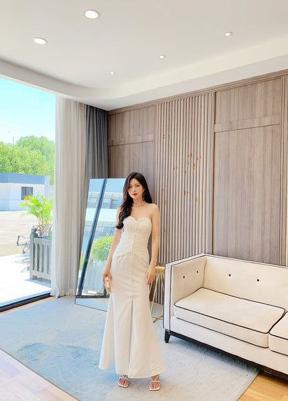 DOLLY Elegant French Style Satin V-Neck Sleeveless Backless Banquet Dress-XENA