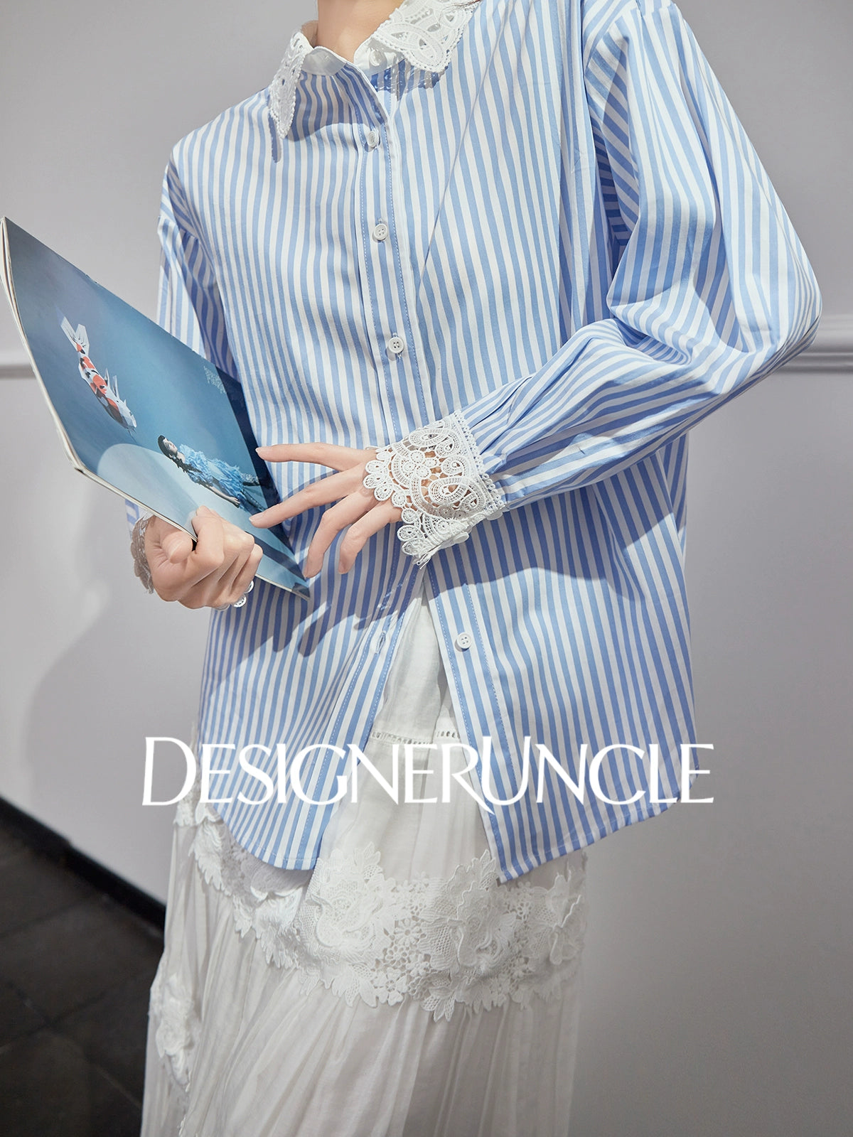 DGU|Blue Striped New Lace Stitching French Elegant Design Top - DREW.