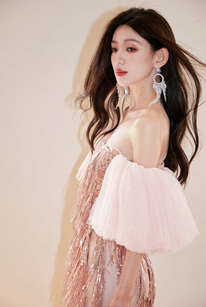 DOLLY Luxury Retro Puff Sleeve Glitter Tassel Tube Top Short Party Dress-LORENA