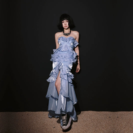 DOLLY High End Blue Chest Wrap Sleeveless Long Slit Ruffle Banquet Dress-MEHEK
