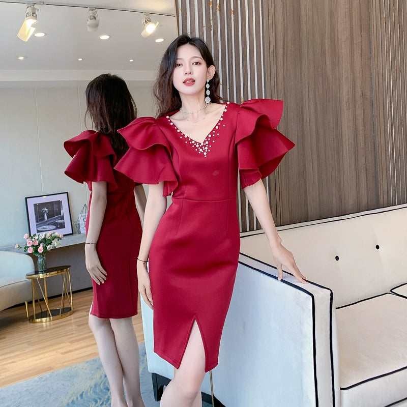 DOLLY Elegant V-Neck Short Ruffle Sleeves Slim Fit Midi Slit Office Dress- ilLA