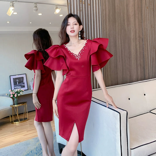 DOLLY Elegant V-Neck Short Ruffle Sleeves Slim Fit Midi Slit Office Dress- ilLA