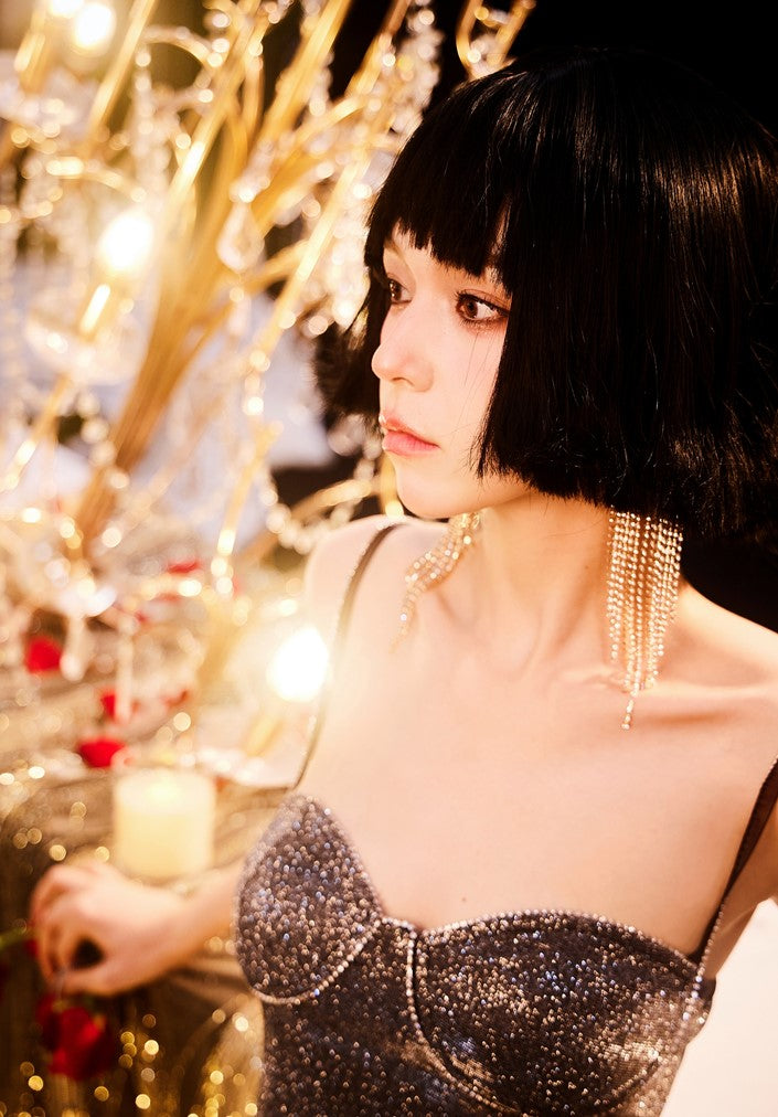 DOLLY Luxury Sleeveless One Shoulder Hollow Sequin Sexy Party Dress-THALEIA