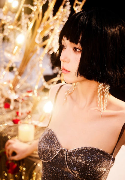 DOLLY Luxury Sleeveless One Shoulder Hollow Sequin Sexy Party Dress-THALEIA