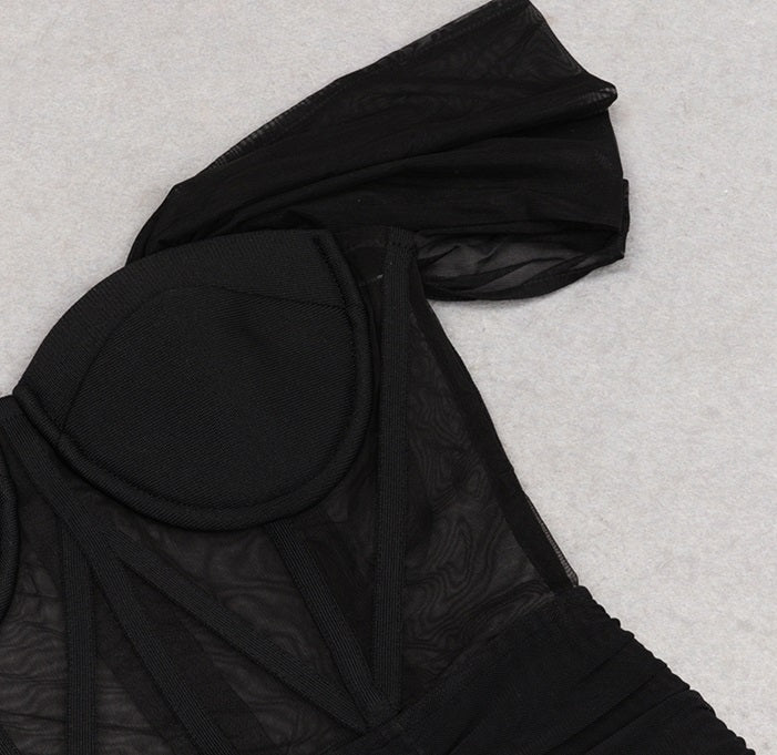 DOLLY Elegant Black Off Shoulder Short Sleeve Hollow Waist Mesh Long Dress-ALETTE