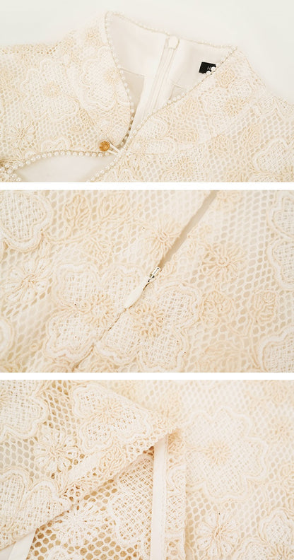 HECO Chinese style short-sleeved embossed flower summer cut-out short dress- TEMIRO.