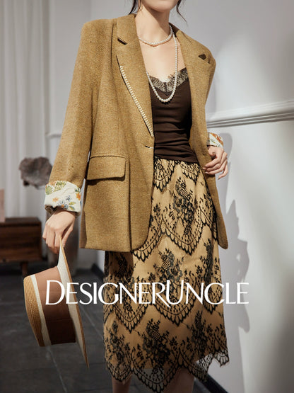 DGU| Coffee Suit Single-Breasted V-Neck Knitted Cardigan Woven Hip Skirt Set - MAKER.