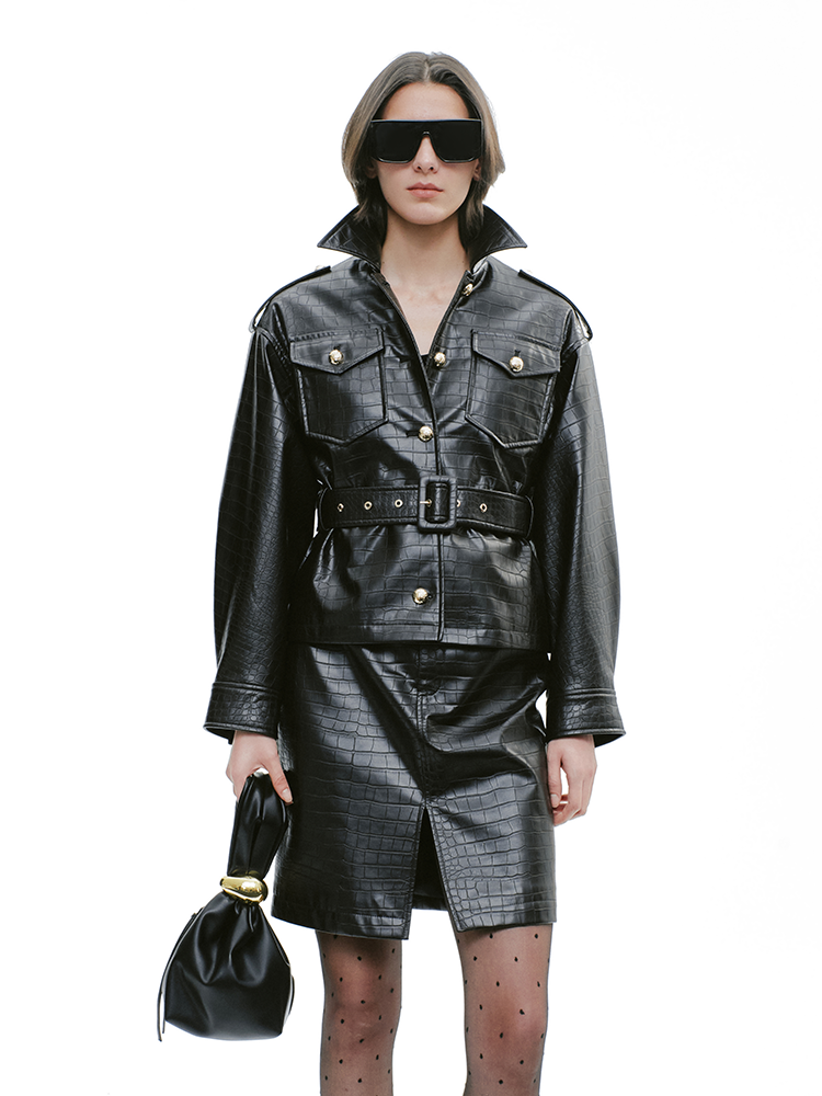YES BY YESIR Crocodile leather short black jacket and skirt Set - SHIVER.