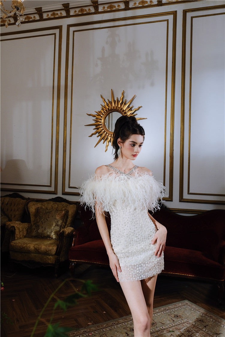 Wardrobes by Chen Luxury Off White Off Shoulder Feather Short Mini Party Dress-Genny