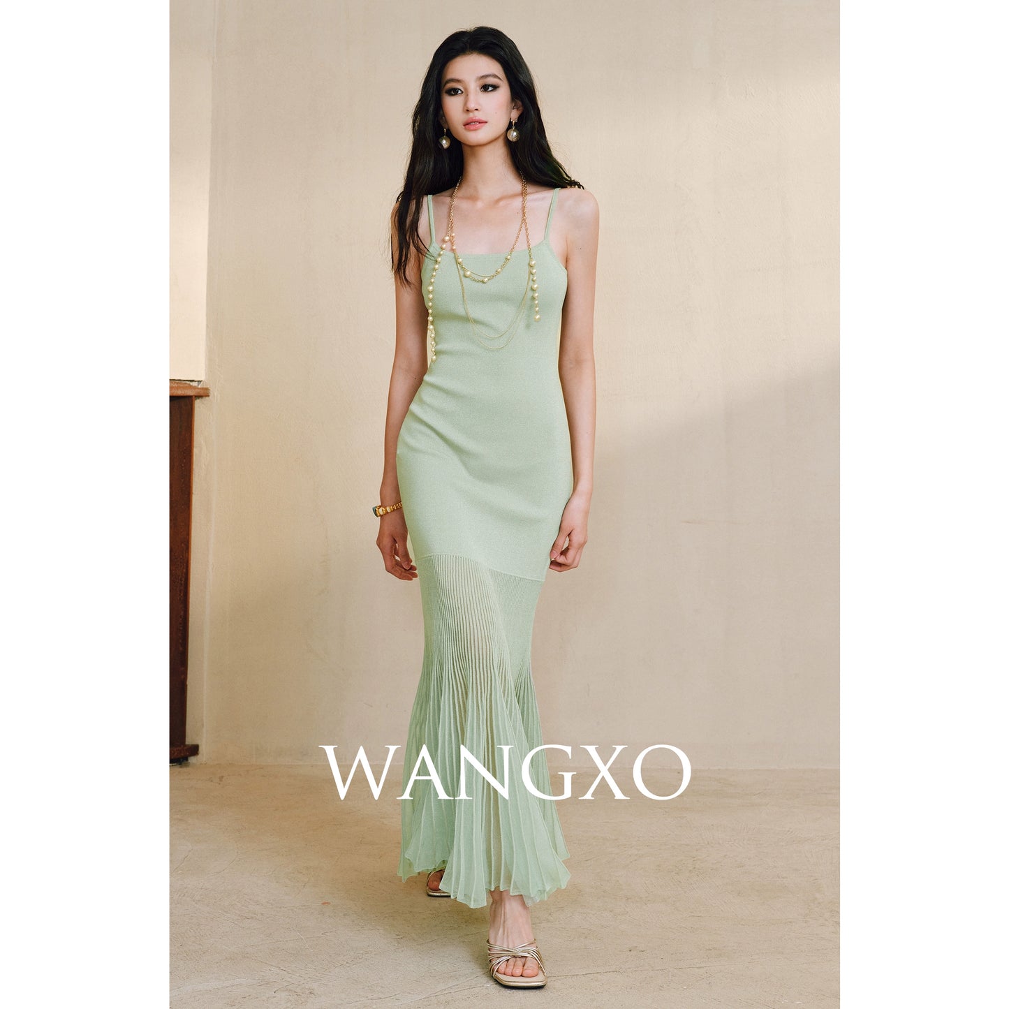 WANGXO | High-Quality Linen Tulle Temperament Suspender Fishtail Dress-LÉYA.