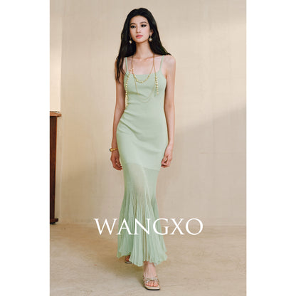 WANGXO | High-Quality Linen Tulle Temperament Suspender Fishtail Dress-LÉYA.