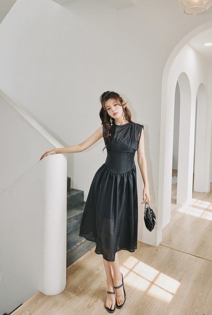 DOLLY High End Black Retro Flying Sleeve Pleated High Waist Midi Office Dress-BRANCA