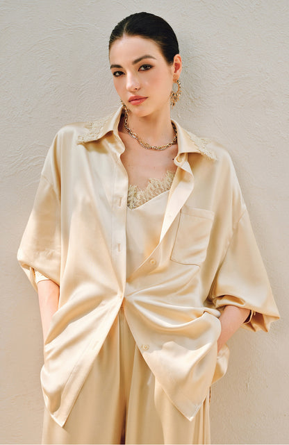 WANGXO | Hemp-Textured Acetate Satin  ight Luxury Lace Suspender, Shirt & Trousers Three-Piece Set- SARI
