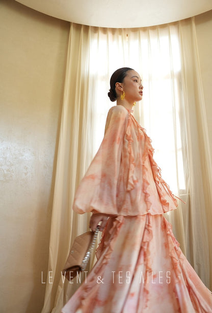 LE VENT& TES AILES Spring summer elegant multicolor silk smudged floral shirt skirt-ENE