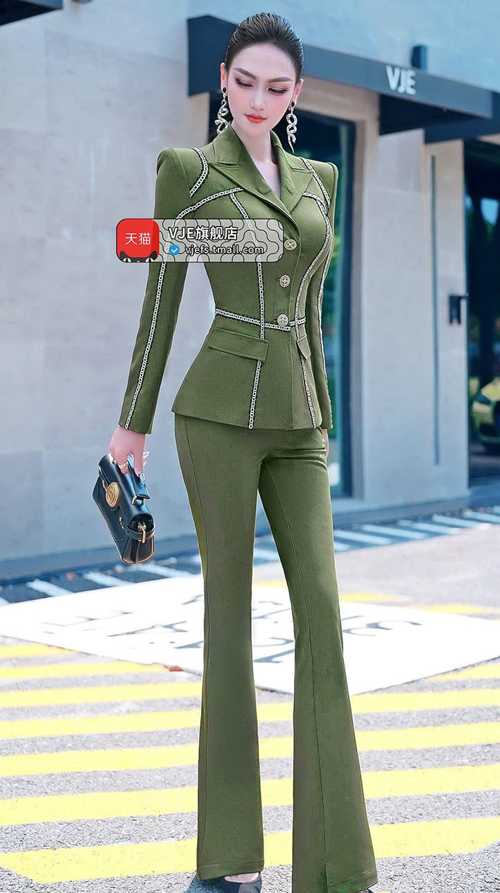 VJE  Denim Suit Webbing Jacket Micro Flared Pants Two-Piece Set - OPO.