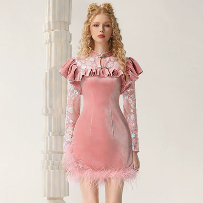 CHECOCRE Elegant Collar Beads Feather Stitched Hip Pink Short Dress - AMOS