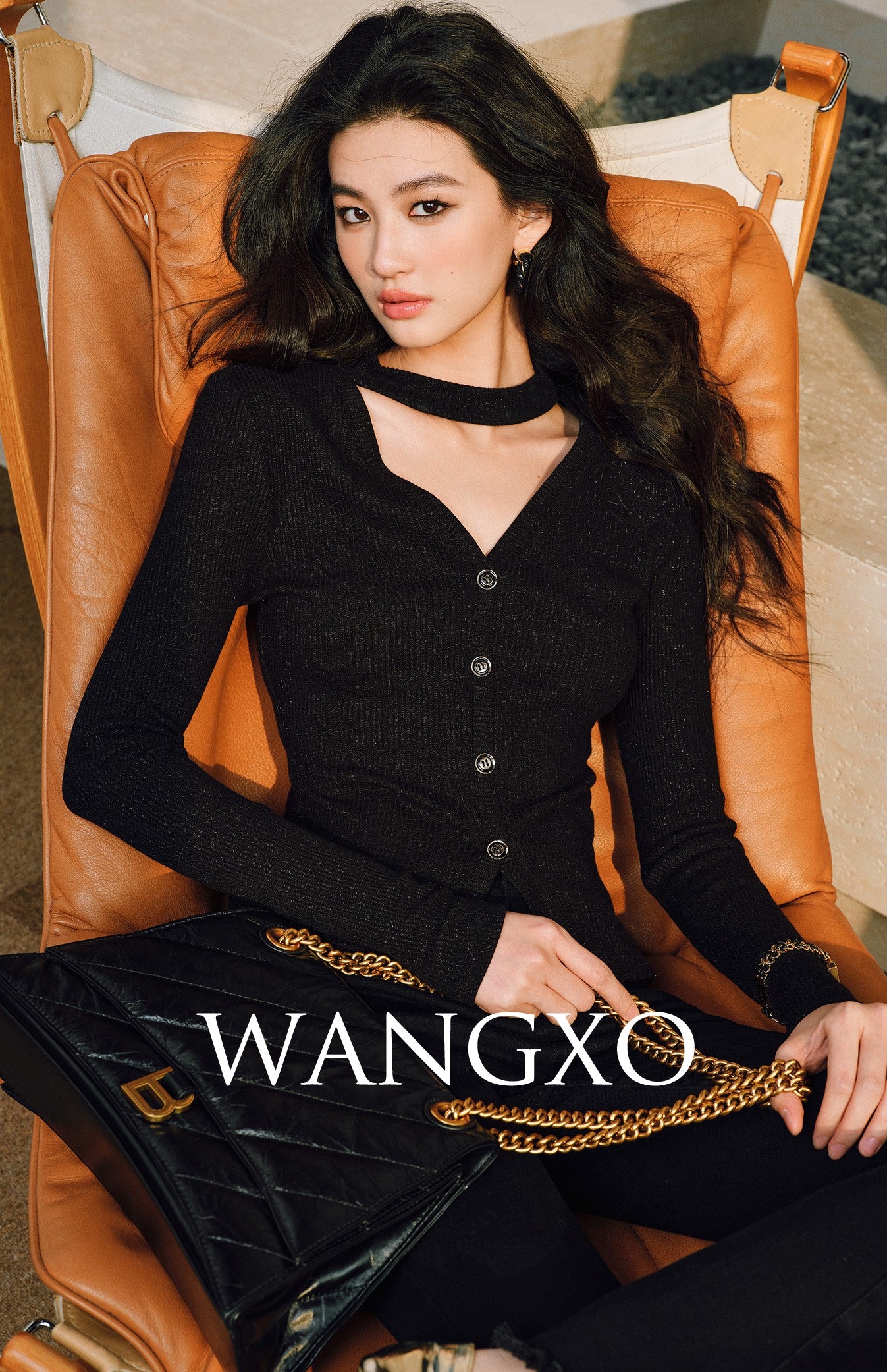 WANGXO | Double-Woven Crushed Silver Silk Knit V-Neck Slim-Fit Top-YANI.