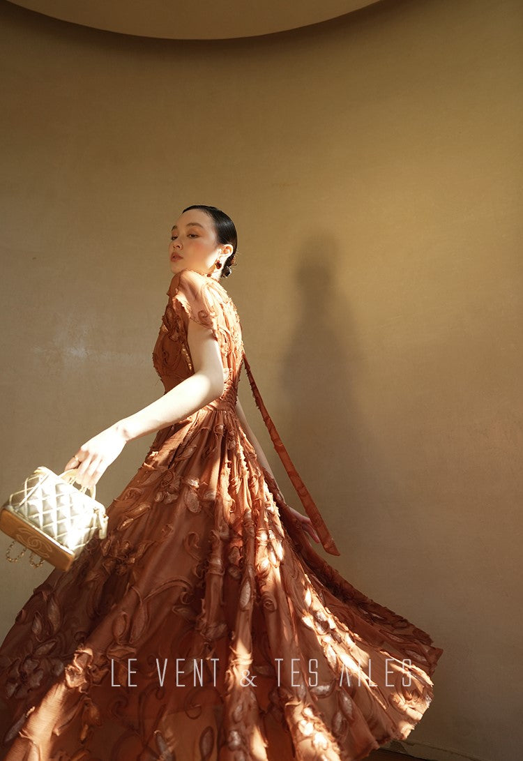 LE VENT&TES AILES Luxury French Disc Embroidered Sequin 3d Vintage brown Dress - LINA