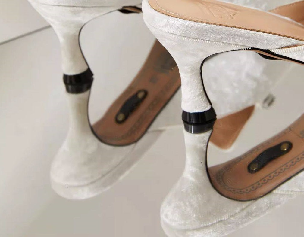 B-FEI Feather Rhinestone White small heels Mule Shoes - POLZ.