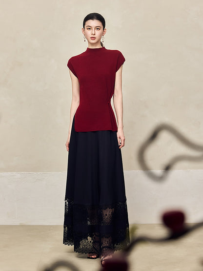 HECO Waist Side Buckle Stand Collar Knitted Short Sleeve Top- BLOOD.