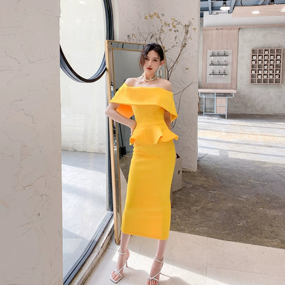 DOLLY High End Off Shoulder Peplum Tube Top Slim Fit Wedding Guest Dress-HANS