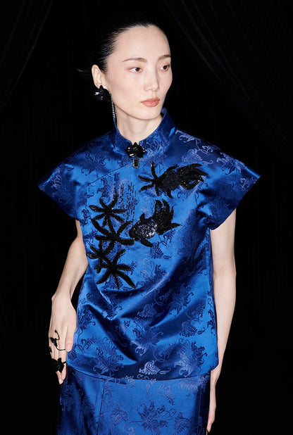 M essential Ma Kai designer Haiqing jacquard gag fish algae pattern nail bead top - CHEN.