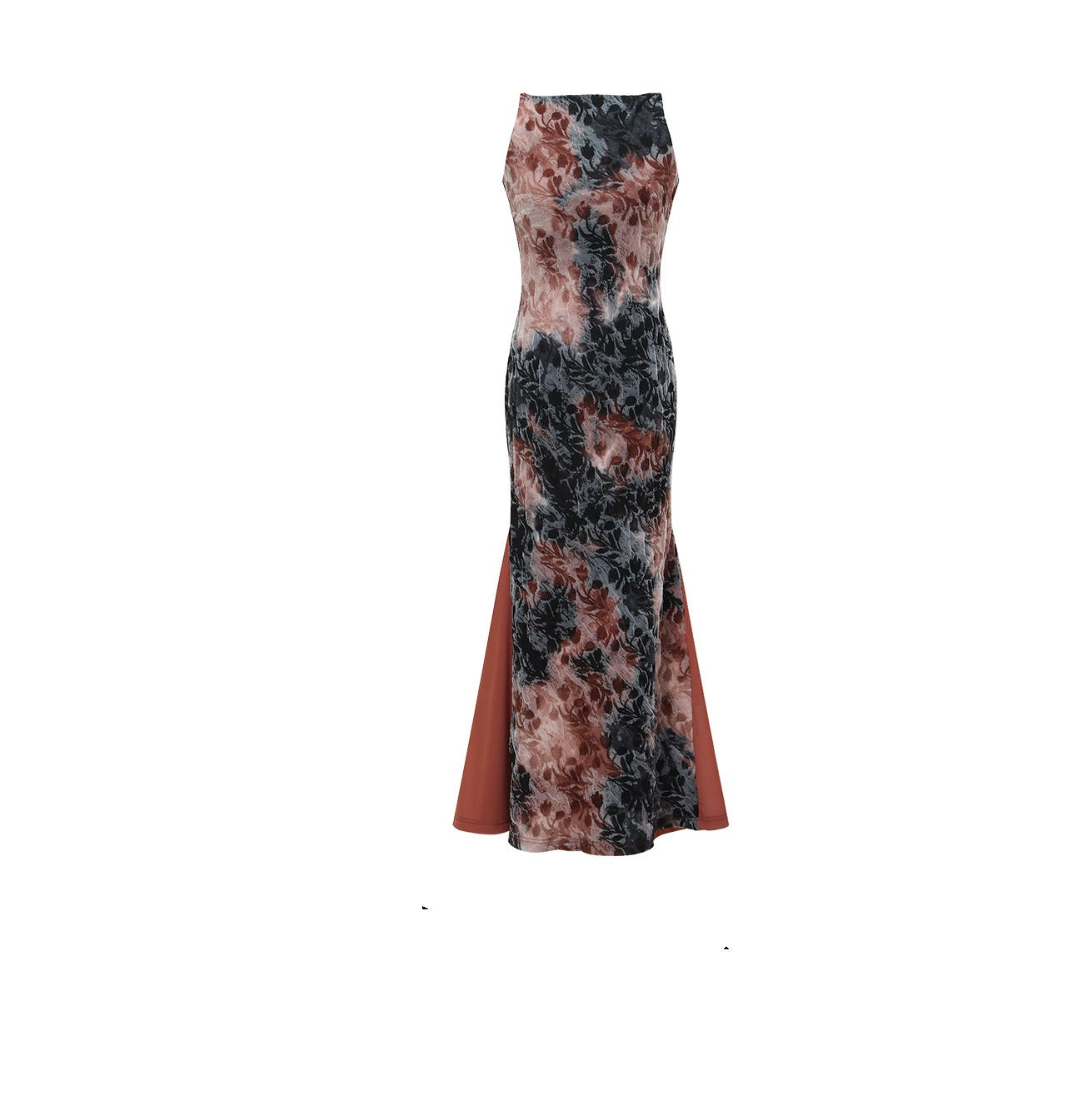 WANGXO | Artistic Ink Smudge Flora Knit Patchwork Contrast Tulle One-Shoulder Fishtail Dress with Flowing Gradient Drama -XINA