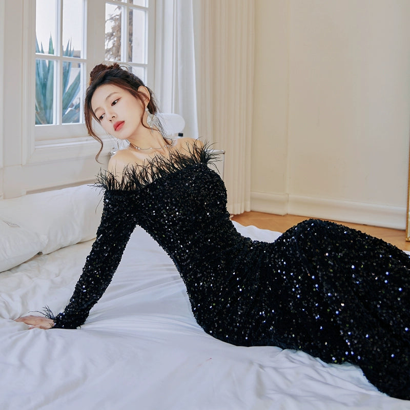 DOLLY Luxury Black Off Shoulder Feather Sequin Tube Top Long Evening Dress-LORELEI